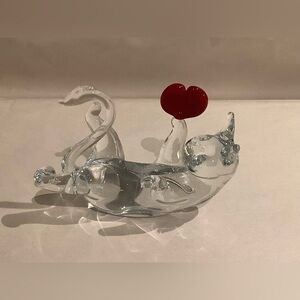 Clear Hand Blown Glass Cat With Red Glass Heart